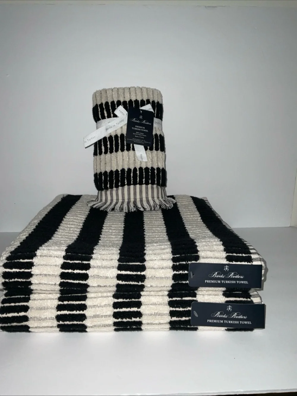 Brooks Brothers 4pc. Turkish Cotton 2 Bath 2 Hand Towel Set Black Stripe NWT